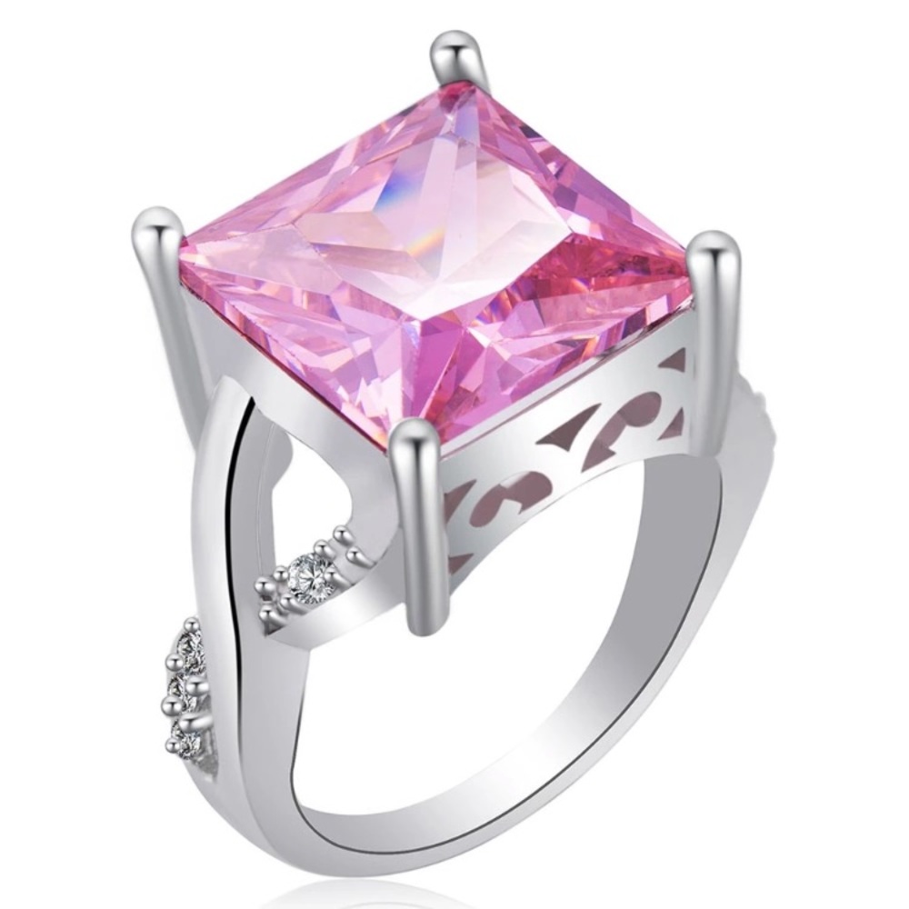 White Gold Pink Princess Cut Ring - Picture 1 of 3